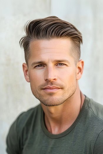 Corte de cabelo cônico curto com corte de cabelo lateral em um homem com cabelos castanhos.