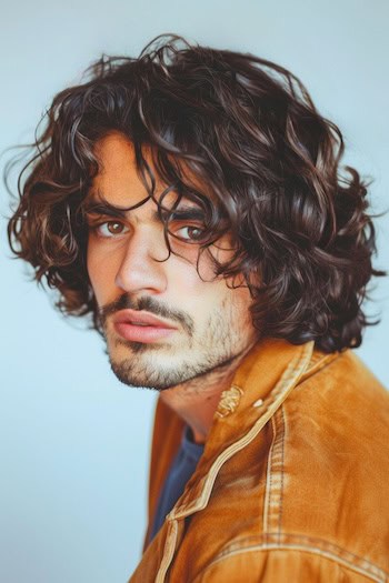 Penteado de bob cacheado e encaracolado de comprimento médio para homens.