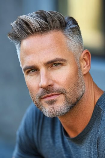 Penteado grisalho curto com corte de cabelo de volume em um homem com cabelos castanhos e lados cinza.