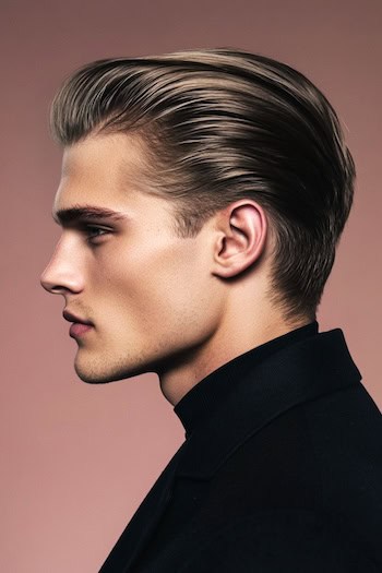 Corte de corte cônico clássico de costas lisadas em um homem com cabelos castanhos, vista lateral, com fundo maligno.