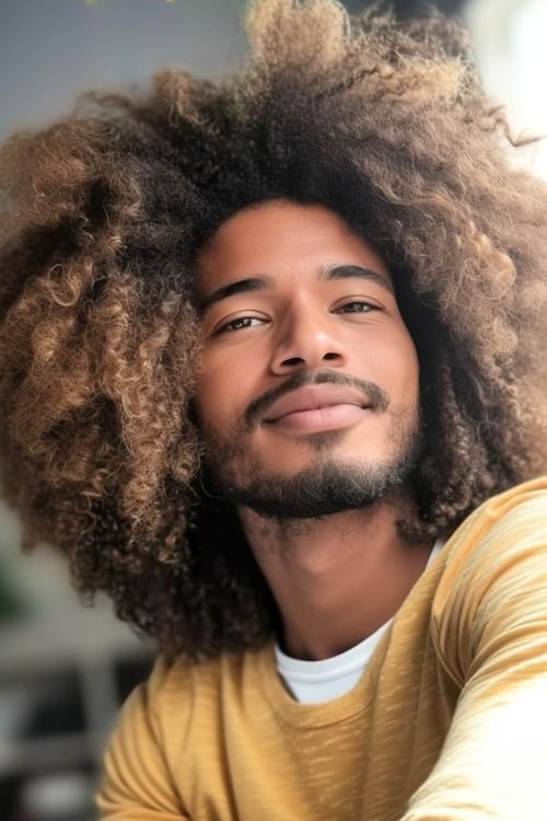 Longo afro natural em homem negro bonito vestindo camisa amarela.