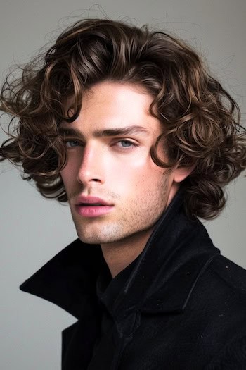 Curls de alto volume de comprimento médio penteado em um homem com cabelos castanhos.