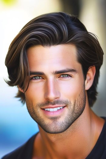 Corte de cabelo reto de comprimento médio em um homem com cabelos castanhos.