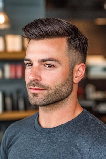 Corte de cabelo lateral curto com corte de cabelo diminuto em um homem com cabelos castanhos.