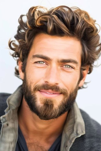 Penteado de meio comprimento ondulado destacado para homens.