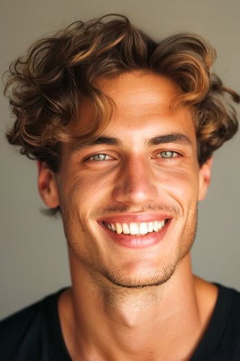 Curlos de cachos cortados soltos penteados em um homem sorridente com cabelos castanhos.