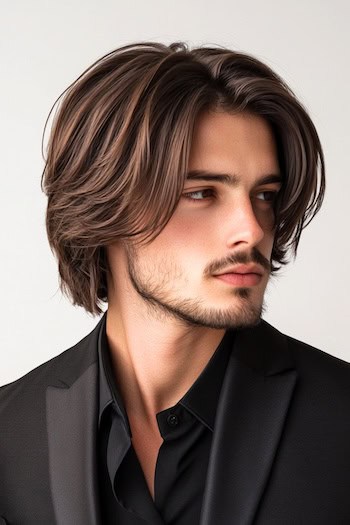 Corte de cabelo de comprimento médio em camadas texturizado em um homem com cabelos castanhos.