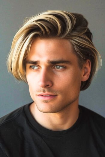Corte volumoso de comprimento médio com penteado de comprimento médio da parte lateral para homens.