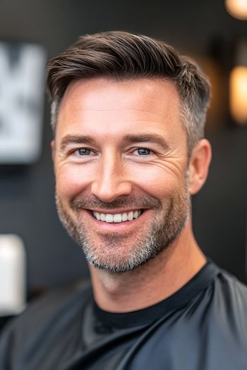 Corte de corte de textura curta com corte de cabelo lateral em um homem com cabelos castanhos e barba acinzentada.