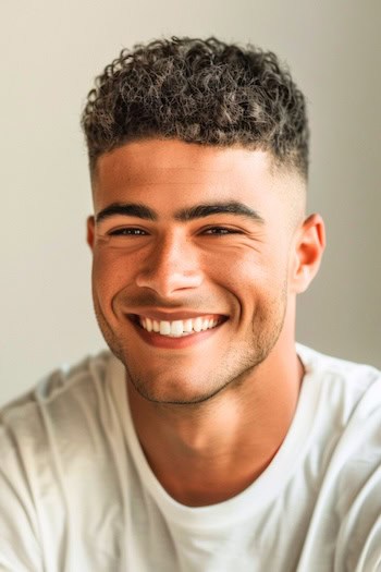 Penteado de desbotamento curto apertado em um homem sorridente com cabelos pretos marrons.