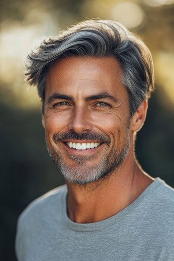 Quiff texturizado de prata para cabelos lisos em um homem com cabelos grisalhos.