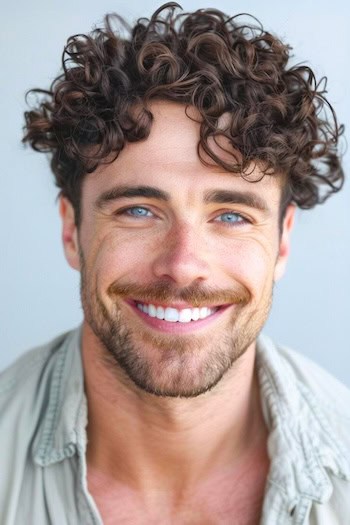 Penteado de cachos cortados em um homem sorridente com cabelos castanhos.