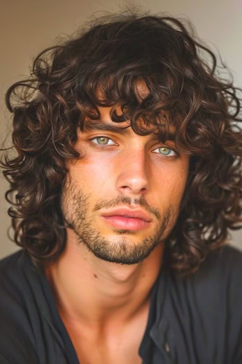 Penteado cortado e encaracolado em um homem com cabelos castanhos.