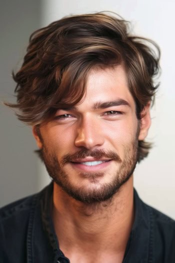 Ondas de comprimento médio com penteado de franja lateral para homens.