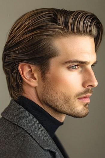 Cortes de corte de contorno em um homem com cabelos castanhos e cabelos faciais, vista lateral.