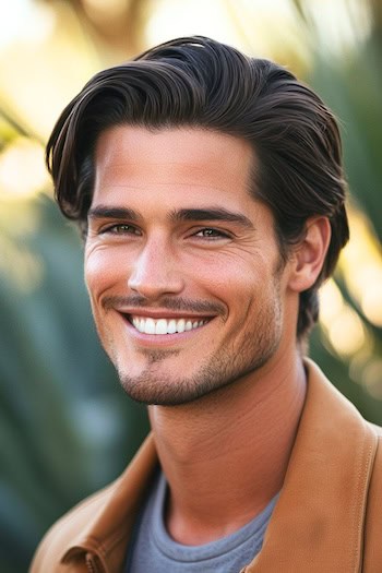 Camadas varridas para cabelos lisos em um homem sorridente com cabelos castanhos.