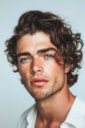 Penteado volumoso de cachos laterais em um homem com cabelos castanhos.