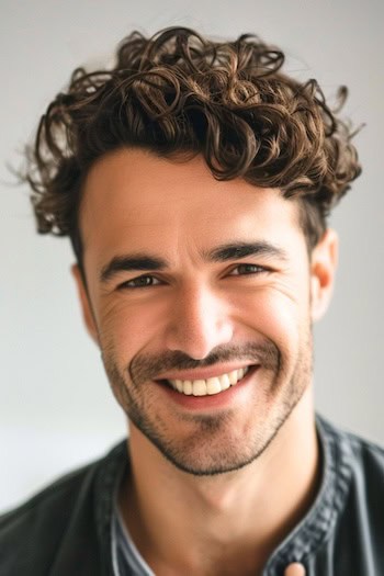 Cachos cortados com penteado penteado em um homem sorridente com cabelos castanhos.