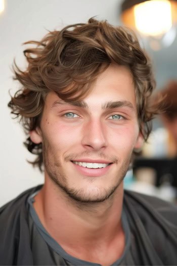 Penteado de ondas de penas de comprimento médio para homens.