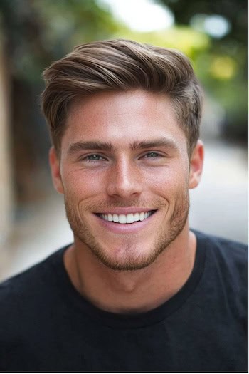 Corte de corte de cabelo curto da Ivy League em um homem sorridente com cabelos castanhos.