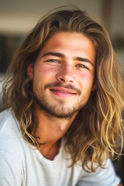 Ondas Beachy com destaques sobre o jovem sorridente com barba.
