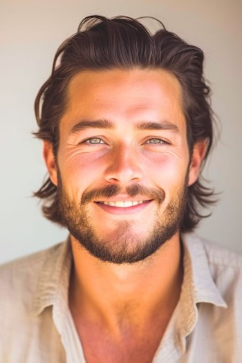 Cabelos traseiros com barba de comprimento médio com penteado para homens.