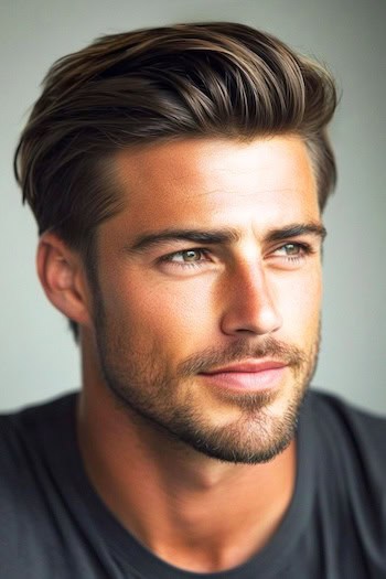 O moderno corte de cabelo pompadour do pompadour em um homem com cabelos castanhos e cabelos faciais.