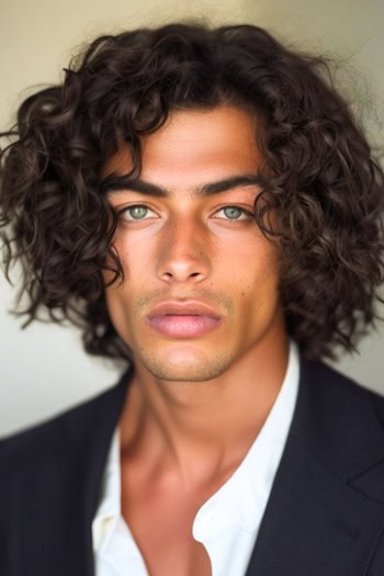 Curly Bob Hairstyle em um homem com cabelos castanhos.