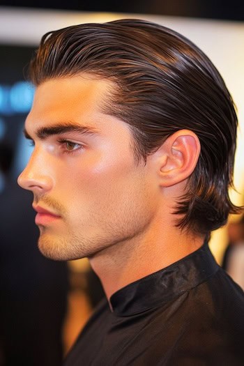 O estilo de costas lisadas com aparência molhada para cabelos lisos em um homem com cabelos castanhos, vista lateral.