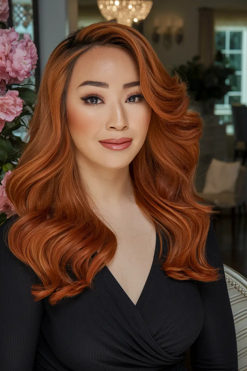 Tom de pele de cor de cabelo quente Asiático+cachos de auburn brilhantes para glamour de hora dourada