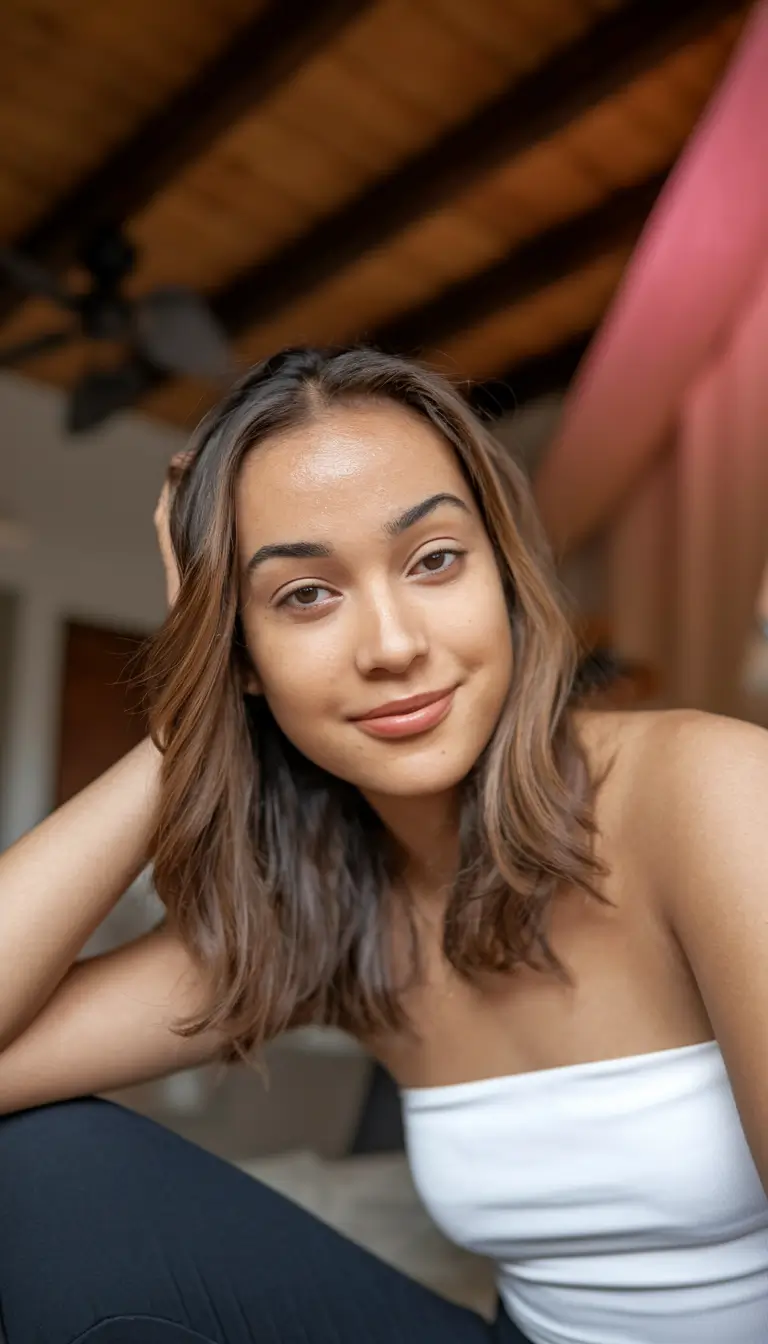 cor de cabelo castanho em tom quente de pele+canela casual marrom para facilidade diária