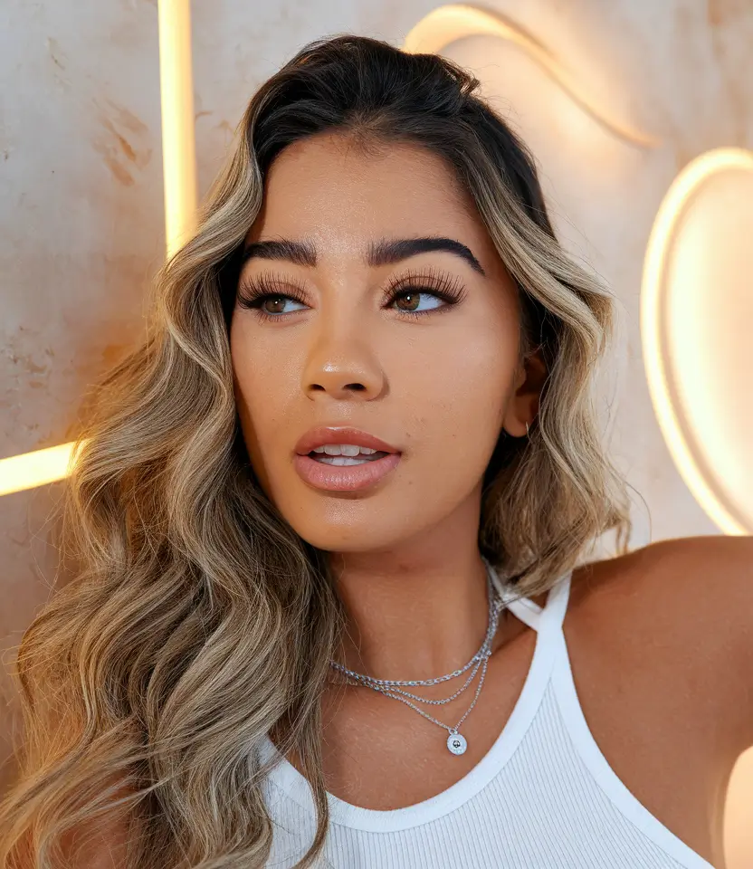 Melhor cor de cabelo para tom de pele quente e olhos avelã+balayage de champanhe para sofisticação iluminada pelo sol