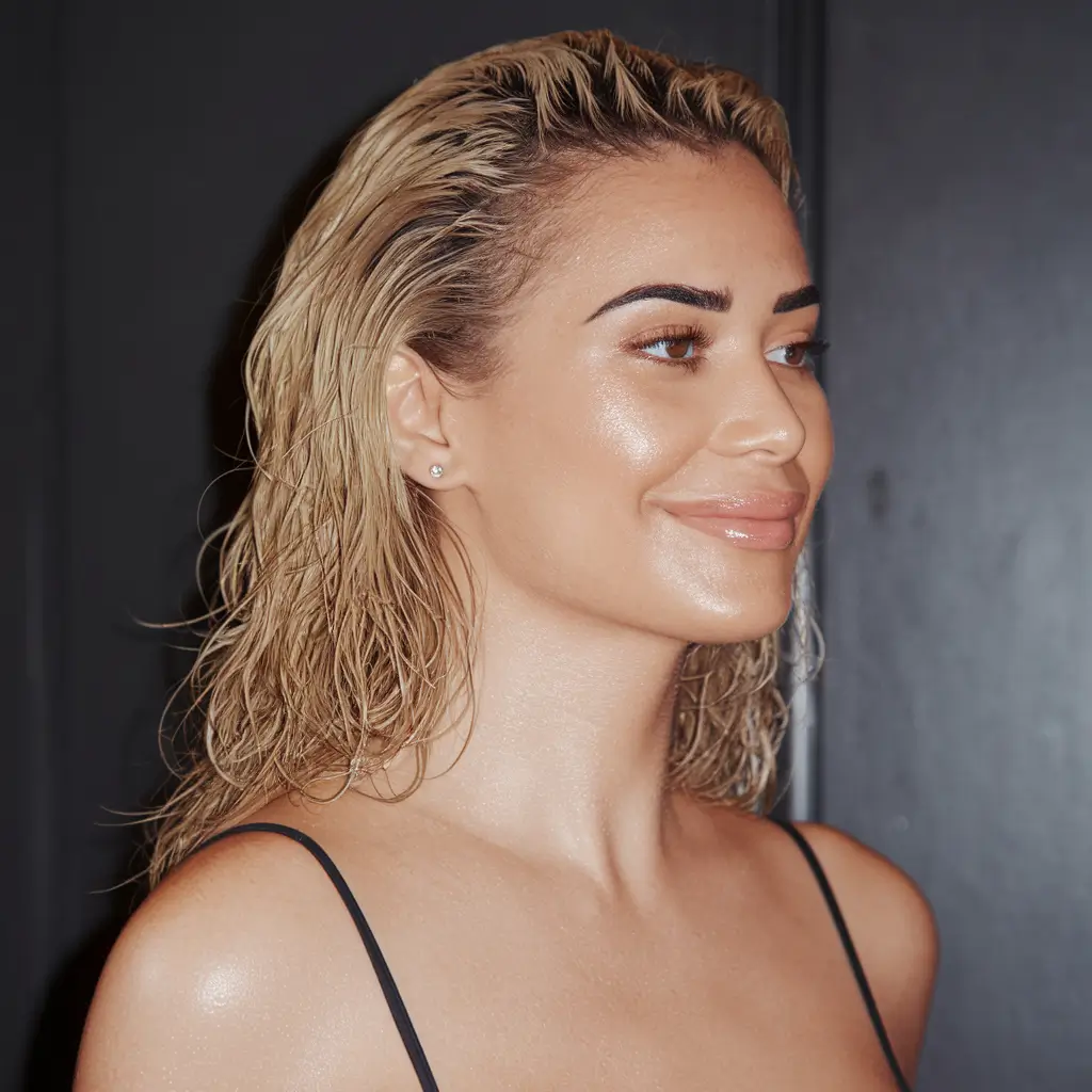 cor de cabelo com tom de pele quente+loira molhada para o minimalismo urbano chique