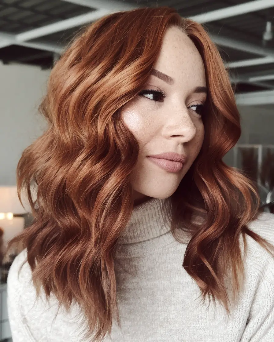 Idéias de cores de cabelo de outono de caramelo 2025 para um aconchegante brilho+lob de canela torrada com textura solta