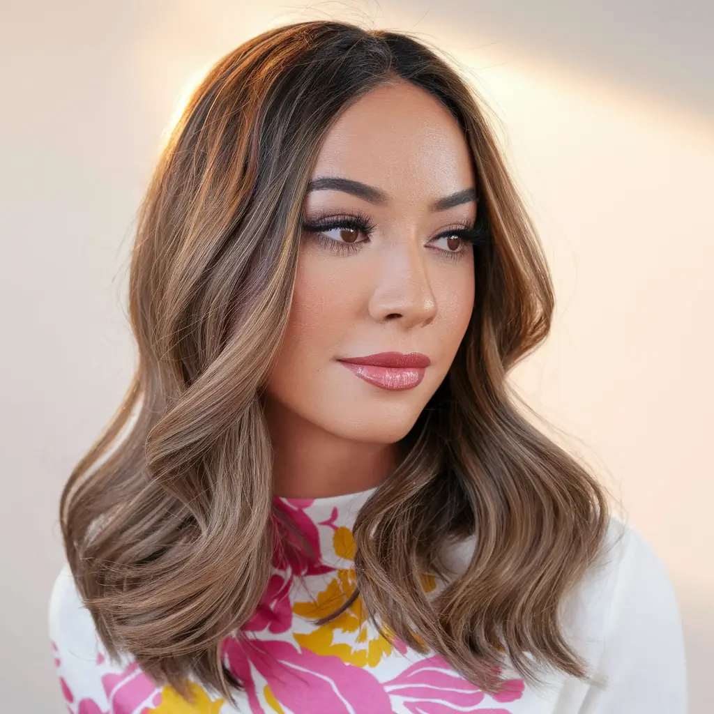 Ondas de balayage de cor de cabelo castanho ondas de carofado com profundidade e brilho