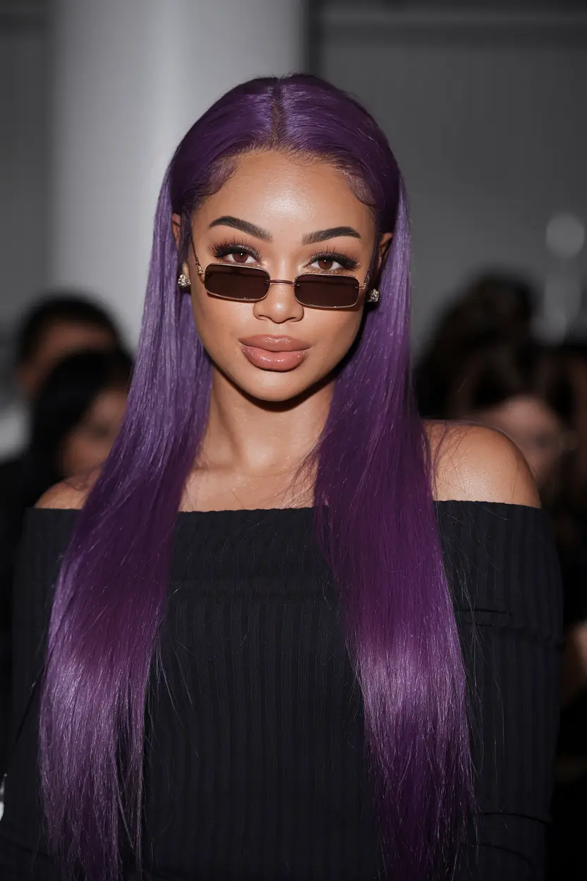 cor de cabelo de outono para mulheres negras 2025 Alto brilho reto com poder violeta