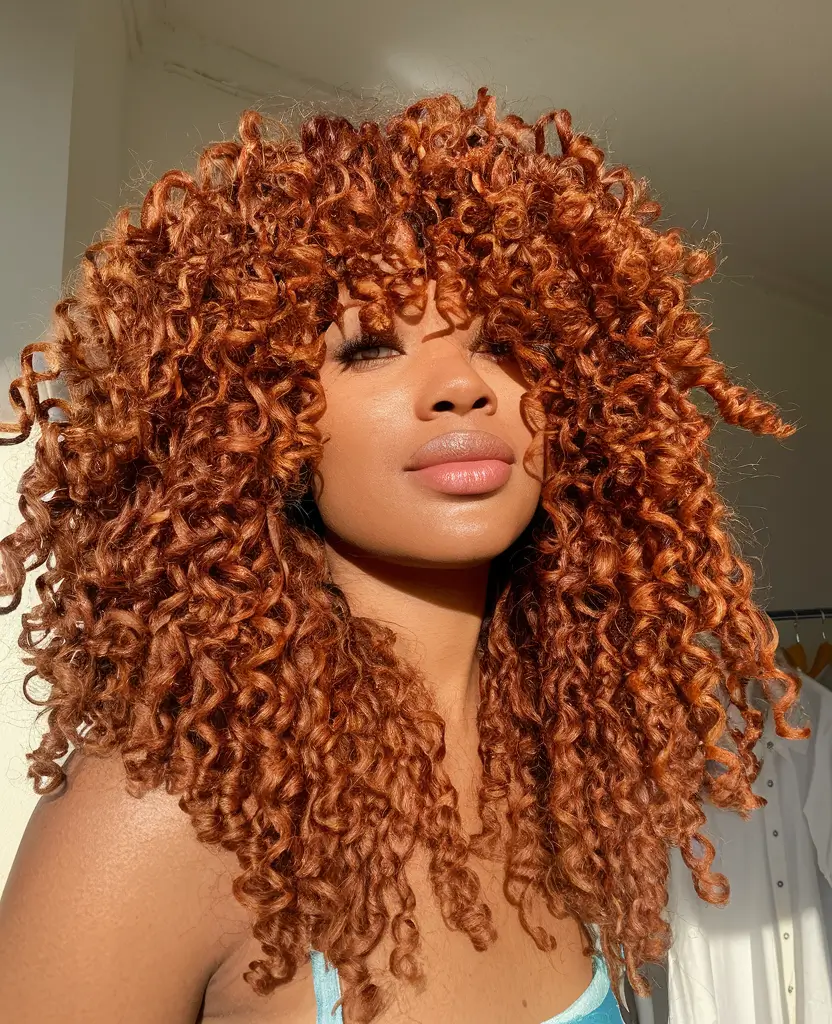 cor de cabelo de outono para mulheres negras, bobinas de cobre com temperos naturais com volume natural