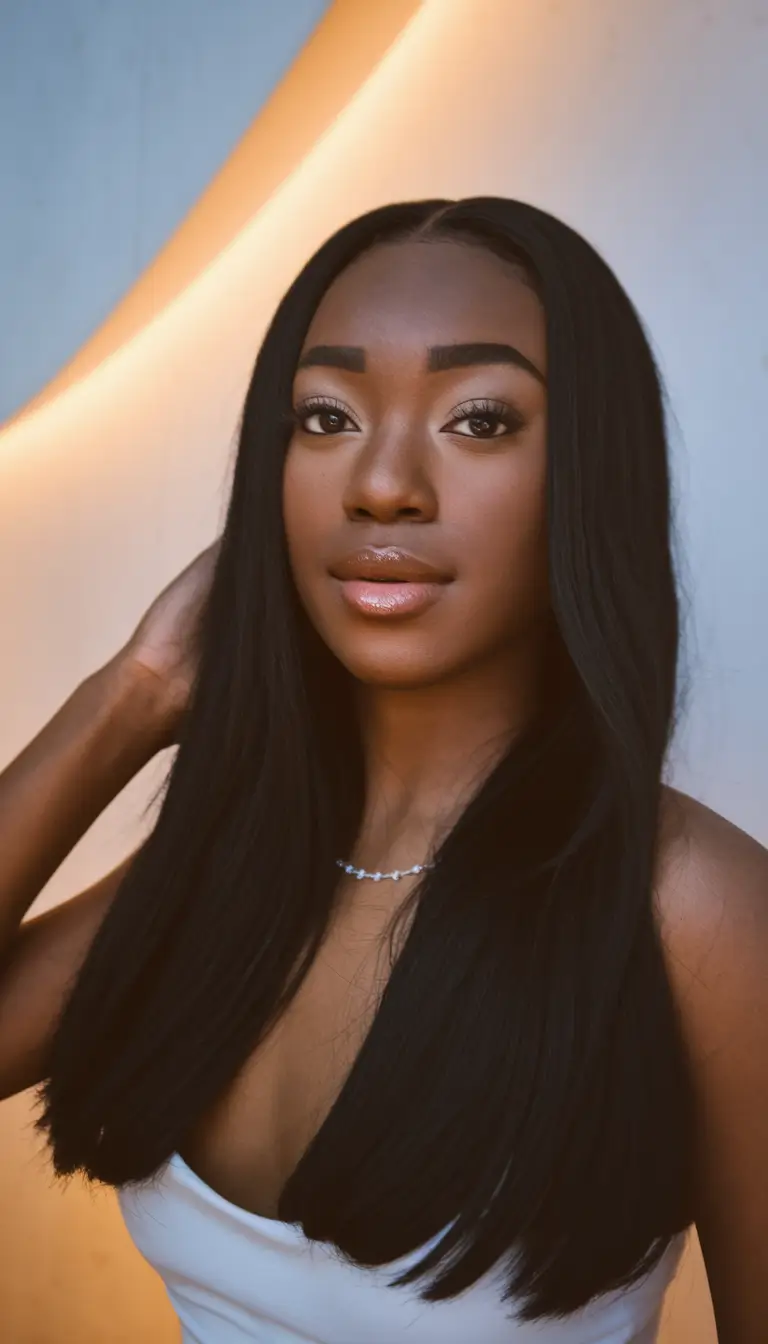 Cabelo de outono Mulheres negras naturais+jato clássico preto com parte média sedosa