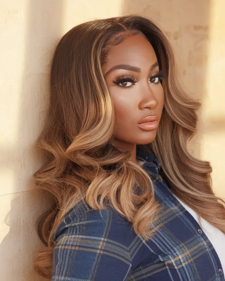 cor de cabelo de outono para mulheres negras Natural+Caramel Balayage para um brilho vivido