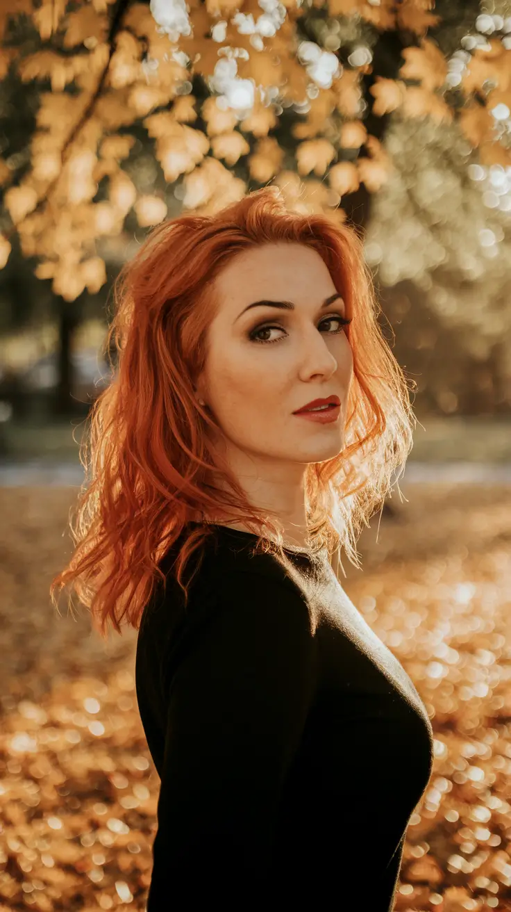 A quente cor de cabelo de outono vermelho rico em tempero de outono com volume vintage