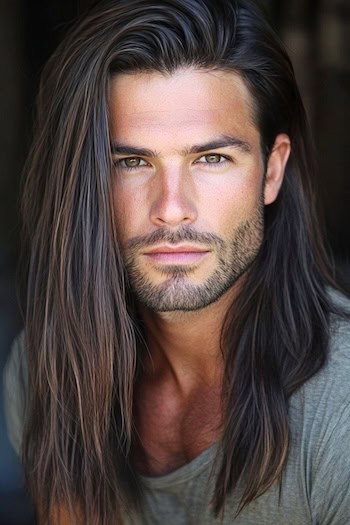 Penteado liso de longa duração para homens em um homem com cabelos castanhos longos.