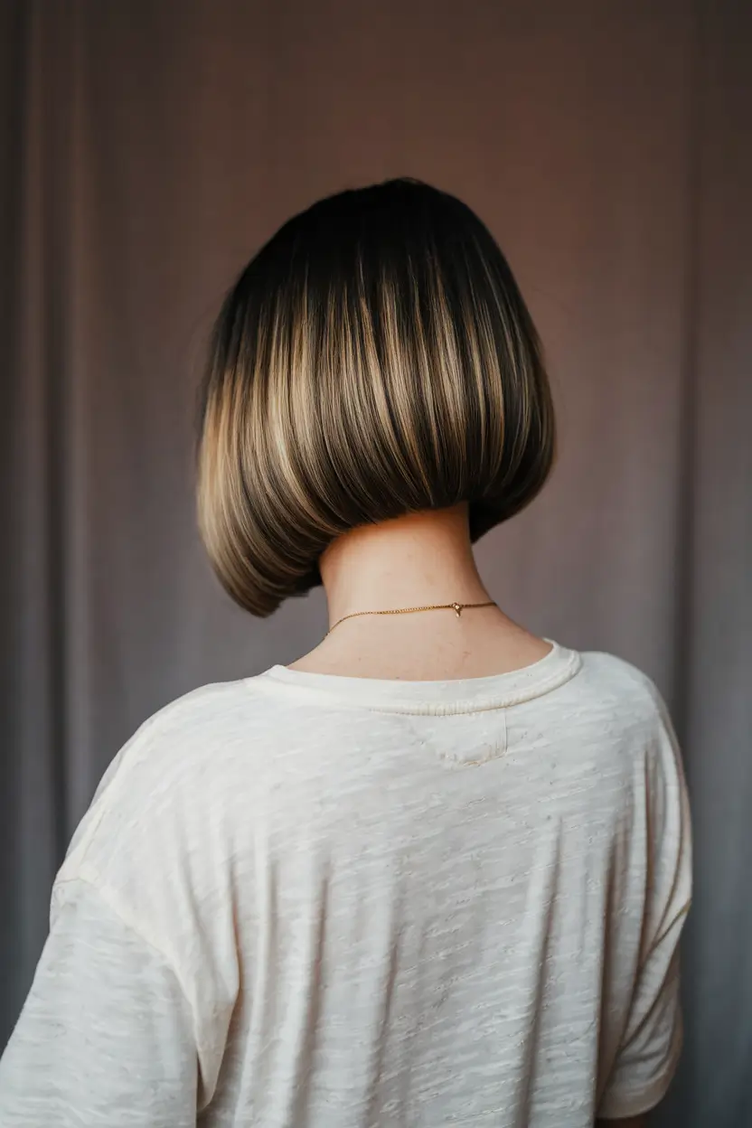 Cor do cabelo de outono para morenas 2025 Brente de raiz tostada em um bob esculpido