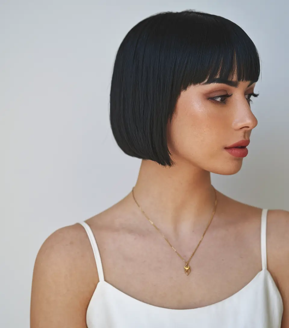 Cores de cabelo de outono para mulheres negras Bob preto com franja de bebê