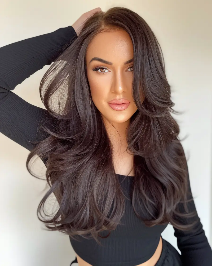 Cor do cabelo do outono para morenas camadas clássicas com brilho profundo de café profundo