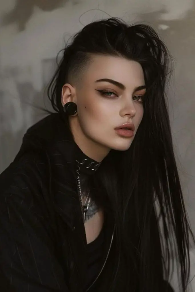 Cyborg futurista com cabelo preto com fio