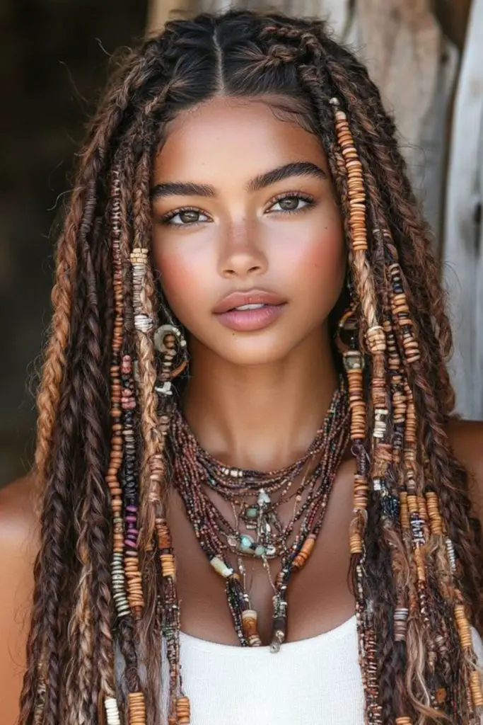 Boho Locs estilizado com contas de madeira