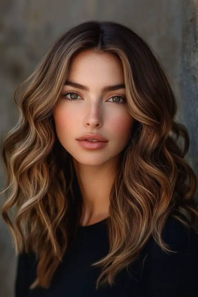 Camadas de caramelo grossas sobre cabelos morenos