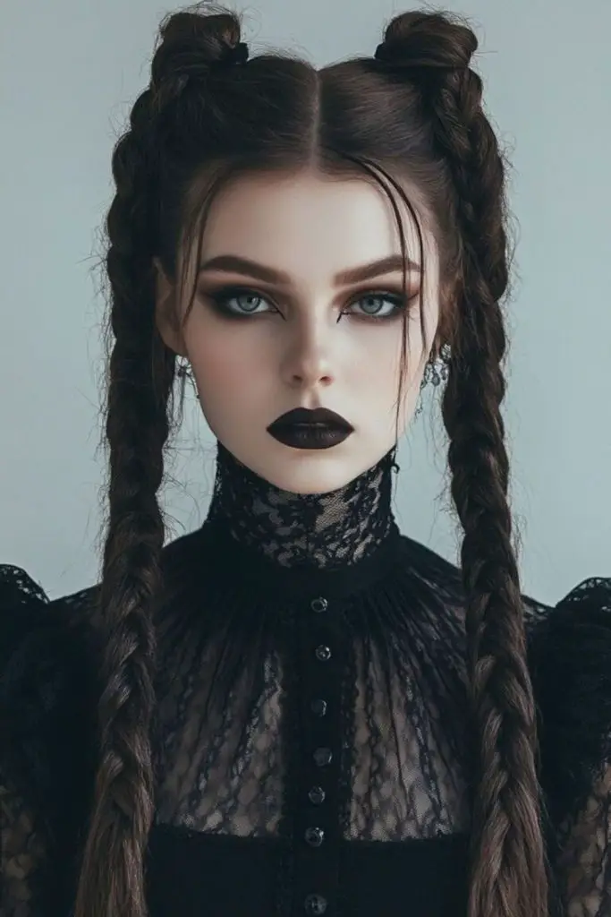 Boneca de olhos de botão com tranças pretas