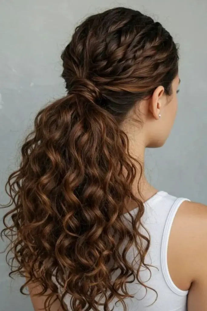 Rabo de cavalo baixo e encaracolado com volume suave