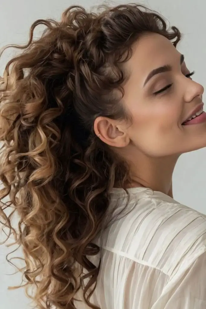 Cachos soltos puxados fluindo para trás